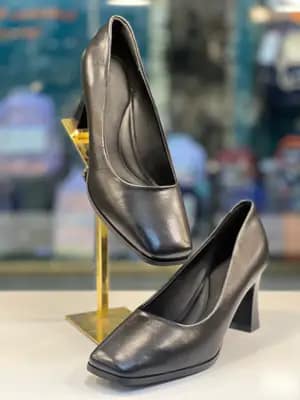 کفش مجلسی چرم زنانه پنجه مربعی پاشنه پهن - رنگ مشکی